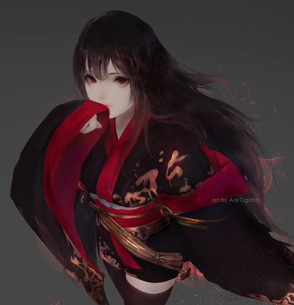 Anime picture 1816x1880 with original aoi ogata single long hair tall image looking at viewer fringe highres simple background hair between eyes red eyes brown hair signed long sleeves traditional clothes japanese clothes from above grey background wide sleeves zettai ryouiki