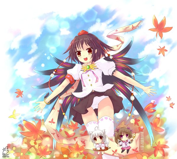 Anime picture 1500x1354 with touhou shameimaru aya inubashiri momiji himekaidou hatate tenhi tsukitori short hair light erotic smile brown hair purple eyes multiple girls brown eyes sky white hair pantyshot chibi girl thighhighs underwear panties