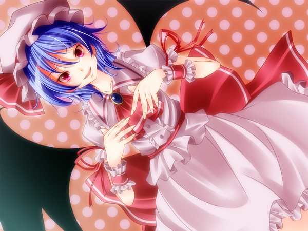 Anime picture 1600x1200 with touhou remilia scarlet s-syogo single short hair red eyes blue hair polka dot polka dot background girl dress skirt wrist cuffs bonnet skirt set cap