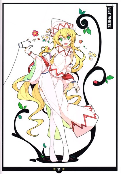 Anime picture 4253x6077 with touhou lily white ideolo single tall image looking at viewer highres open mouth blonde hair white background green eyes absurdres very long hair scan alternate costume no shoes character names girl thighhighs hat