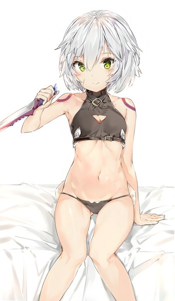 Anime picture 1050x1800 with fate (series) fate/apocrypha jack the ripper (fate/apocrypha) silver (chenwen) single tall image looking at viewer fringe short hair light erotic smile hair between eyes sitting bare shoulders holding green eyes silver hair arm support bare belly bare legs