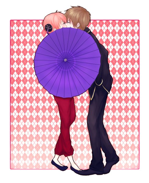 Anime picture 2000x2450 with gintama sunrise (studio) kagura (gintama) okita sougo ririco tall image blush highres short hair brown hair pink hair full body eyes closed hair bun (hair buns) couple border chinese clothes kiss outside border hands in pockets