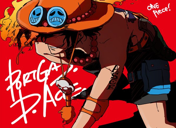 Anime picture 1200x869 with one piece toei animation portgas d. ace sei tamashii single black hair tattoo grin topless red background freckles boy hat shorts belt necklace fire