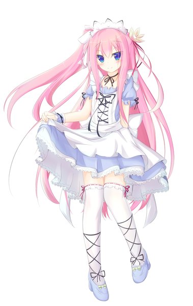 Anime picture 1000x1582 with original yuuyu single long hair tall image blue eyes simple background white background pink hair girl thighhighs dress white thighhighs headdress