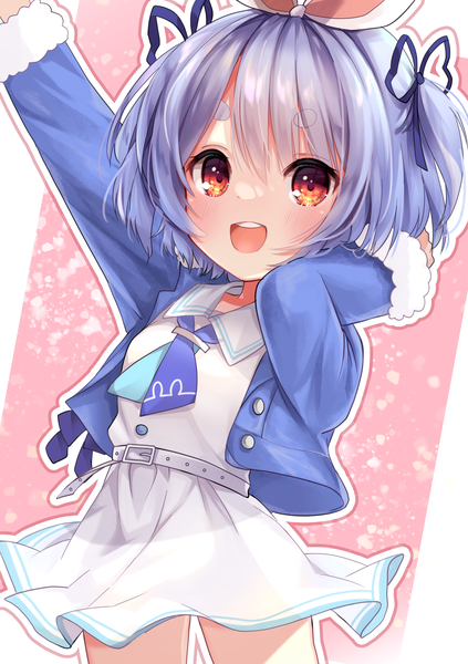 Anime picture 2039x2894 with virtual youtuber hololive usada pekora usada pekora (casual) fuyoyo single tall image blush fringe highres short hair open mouth hair between eyes red eyes blue hair :d arm up teeth two side up official alternate costume
