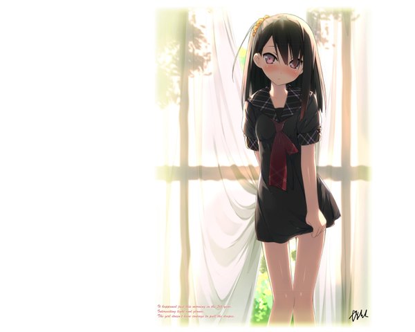 Anime picture 1425x1140 with 5 nenme no houkago (artbook) original shizuku (kantoku) kantoku single long hair looking at viewer blush black hair pink eyes embarrassed one side up text english third-party edit arm behind back backlighting extended girl dress