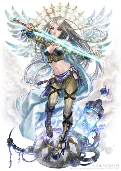 Anime picture 868x1228 with final fantasy final fantasy vi square enix celes chere cocoon single long hair tall image blush blue eyes blonde hair signed high heels electricity glowing weapon girl navel weapon sword belt