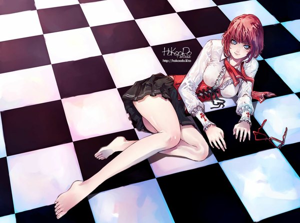 Anime picture 1024x764 with original hokoodo short hair breasts blue eyes light erotic large breasts red hair light smile legs reclining checkered floor girl miniskirt glasses corset