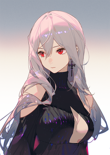 Anime picture 636x900 with arknights skadi (arknights) ask (askzy) single long hair tall image fringe breasts light erotic simple background hair between eyes red eyes looking away silver hair upper body gradient background turning head girl earrings turtleneck