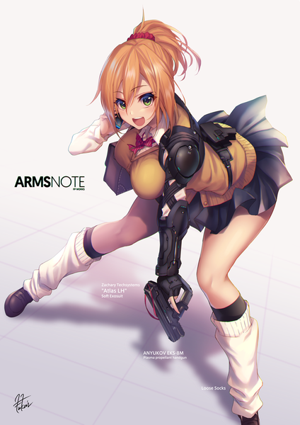 Anime-Bild 870x1230 mit arms note exoarm joshikousei fukai ryosuke single tall image looking at viewer blush fringe short hair breasts open mouth light erotic blonde hair hair between eyes large breasts green eyes signed ponytail :d shadow