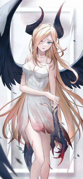 Anime picture 2000x4320 with extraordinary ones hijinrui gakuen milu deer penda (hipanan222) single long hair tall image looking at viewer fringe highres breasts blue eyes blonde hair standing tail horn (horns) hair over one eye black wings girl dress