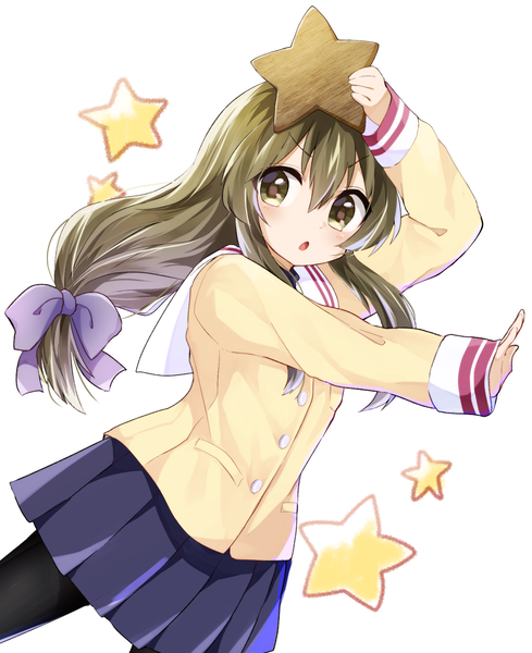 Anime picture 1085x1330 with clannad key (studio) ibuki fuuko mani (second-dimension) single long hair tall image fringe simple background hair between eyes brown hair white background brown eyes pleated skirt :o outstretched arm low ponytail girl skirt uniform