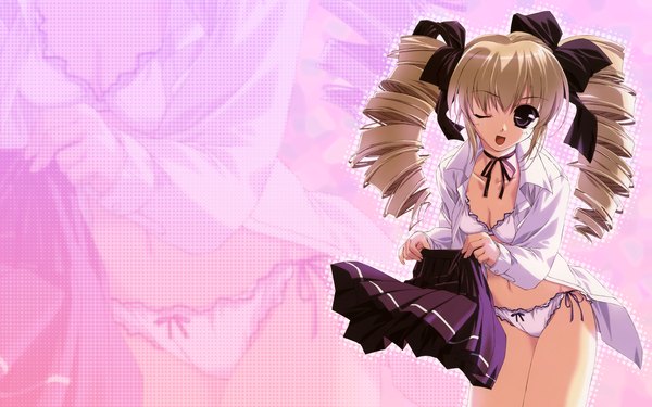 Anime picture 1920x1200 with shintarou single long hair looking at viewer highres breasts open mouth light erotic simple background brown hair wide image twintails one eye closed wink black eyes open clothes open shirt drill hair undressing pink background