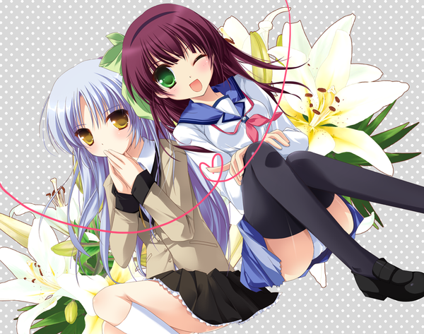 Anime picture 1000x789 with angel beats! key (studio) tachibana kanade nakamura yuri asahina yori long hair blush open mouth light erotic multiple girls brown eyes green eyes purple hair silver hair one eye closed wink pantyshot pantyshot sitting girl thighhighs