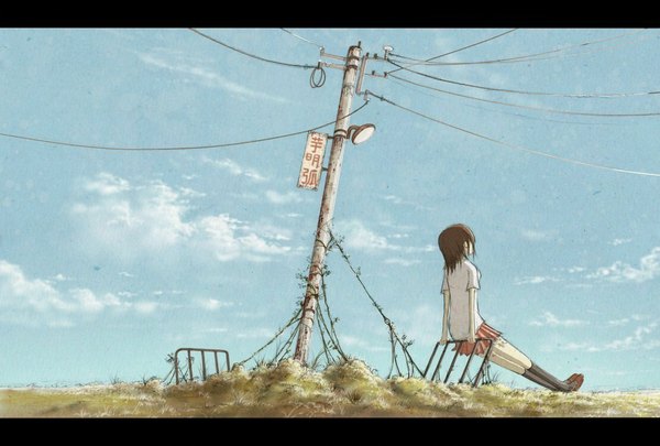Anime picture 1107x748 with original cola (pixiv) single short hair brown hair sitting sky cloud (clouds) letterboxed girl socks black socks wire (wires)