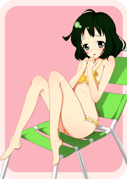 Anime picture 2149x3035 with original koyaya (sorano) single tall image blush highres short hair open mouth light erotic black hair simple background sitting barefoot pink background covering framed silver eyes covering breasts girl swimsuit