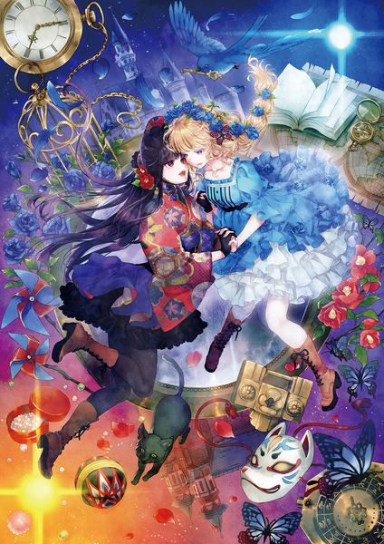 Anime picture 1060x1500 with original nama2e long hair tall image open mouth blue eyes black hair blonde hair red eyes multiple girls girl dress flower (flowers) 2 girls animal petals boots bird (birds) rose (roses) book (books)