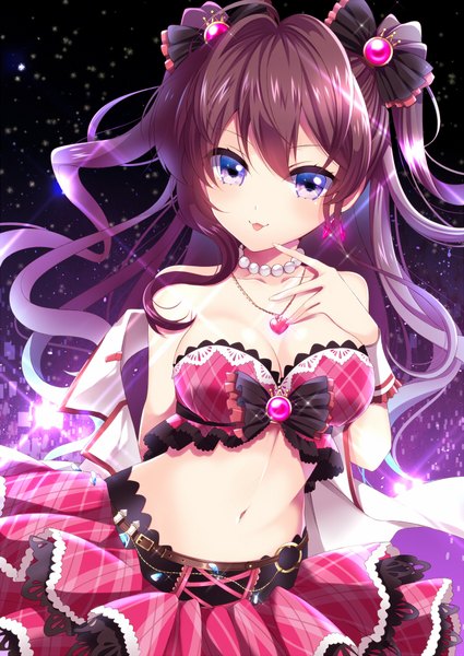 Anime picture 637x900 with idolmaster idolmaster cinderella girls ichinose shiki agekichi (heart shape) single long hair tall image blush fringe hair between eyes brown hair purple eyes bare shoulders cleavage bare belly sparkle midriff two side up plaid skirt wavy hair