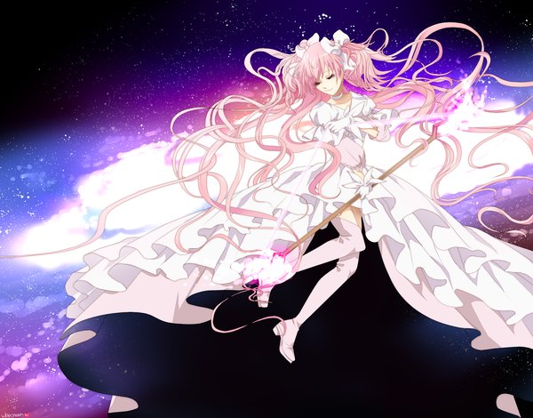 Anime picture 1800x1411 with mahou shoujo madoka magica shaft (studio) kaname madoka goddess madoka long hair highres twintails pink hair eyes closed space weightlessness girl thighhighs dress gloves bow hair bow white thighhighs white dress staff