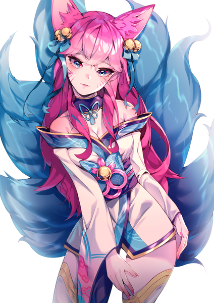 Anime picture 2894x4093 with league of legends ahri (league of legends) spirit blossom ahri hiya (lww3257) single long hair tall image looking at viewer blush fringe highres blue eyes simple background hair between eyes standing white background bare shoulders animal ears payot pink hair