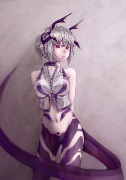 Anime picture 999x1419 with original mstm single tall image looking at viewer short hair light erotic simple background red eyes bare shoulders silver hair tail hands behind back girl navel