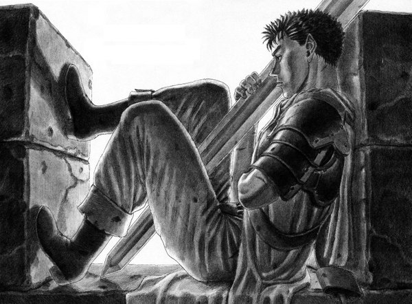 Anime picture 2882x2124 with berserk guts highres scan monochrome boy weapon sword