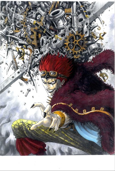 Anime picture 2855x4241 with one piece toei animation eustass kid marlboro (artist) single tall image looking at viewer highres short hair smile red hair nail polish fingernails grey eyes long fingernails fighting stance boy weapon sword katana