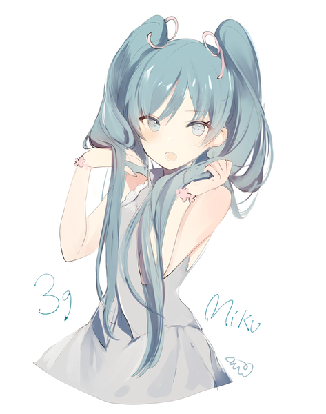 Anime picture 639x810 with vocaloid hatsune miku lpip single long hair tall image looking at viewer blush fringe open mouth simple background hair between eyes white background twintails upper body aqua eyes aqua hair :o sleeveless character names