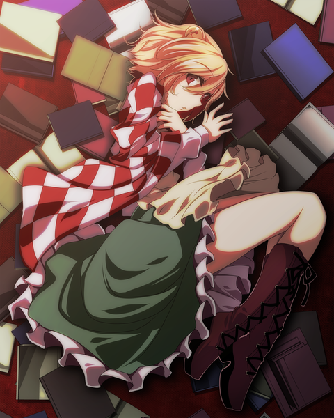 Anime picture 2000x2500 with touhou motoori kosuzu s-syogo single tall image looking at viewer highres short hair blonde hair red eyes lying girl dress boots book (books)