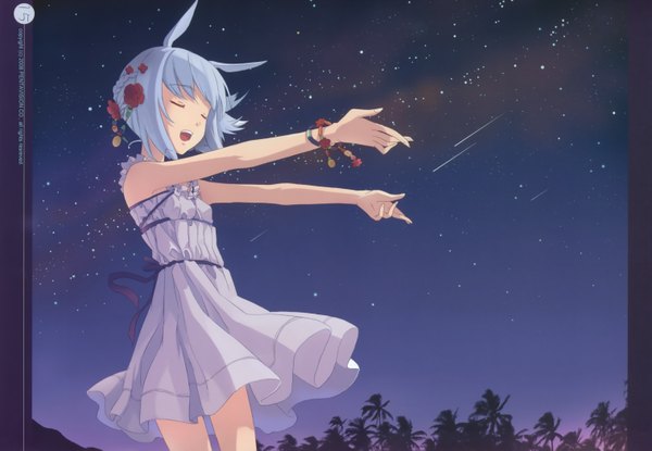 Anime picture 3031x2098 with dj max blonde blossom (artbook) suee h2so4 single fringe highres short hair open mouth standing blue hair absurdres eyes closed hair flower scan night night sky outstretched arm singing shooting star
