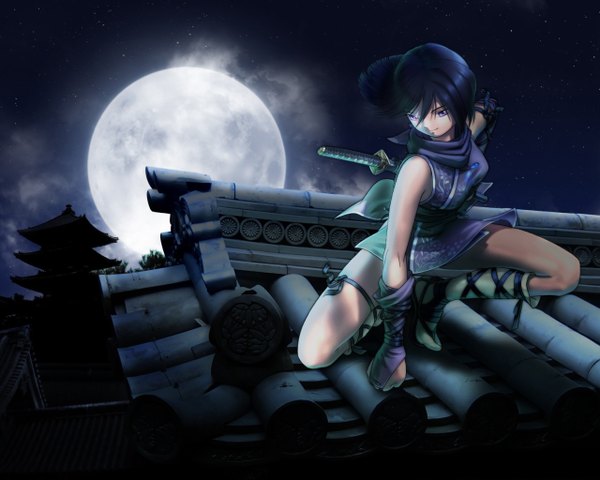 Anime picture 1280x1024 with bleach studio pierrot kuchiki rukia jetto furikuu short hair black hair traditional clothes night shinobi girl gloves weapon sword elbow gloves katana moon garter (garters) roof ninja