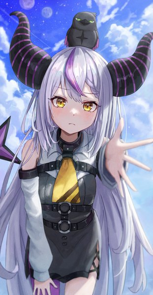 Anime picture 1500x2897 with virtual youtuber hololive la+ darknesss la+ darknesss (1st costume) crow (la+ darknesss) icetea774 single tall image looking at viewer blush fringe bare shoulders yellow eyes sky silver hair cloud (clouds) outdoors very long hair multicolored hair horn (horns)