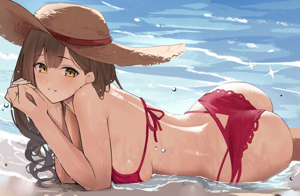 Anime picture 3508x2292 with idolmaster idolmaster shiny colors kuwayama chiyuki gin00 single long hair looking at viewer blush fringe highres breasts light erotic smile brown hair large breasts yellow eyes absurdres outdoors ass lying