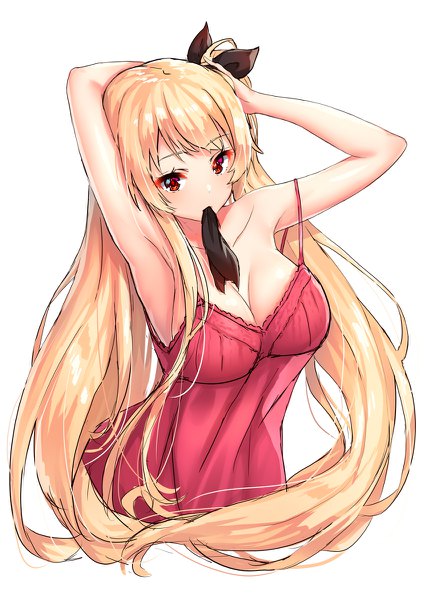 Anime picture 848x1200 with azur lane nelson (azur lane) pensuke single tall image looking at viewer blush fringe breasts light erotic simple background blonde hair red eyes white background holding cleavage upper body very long hair armpit (armpits) mouth hold