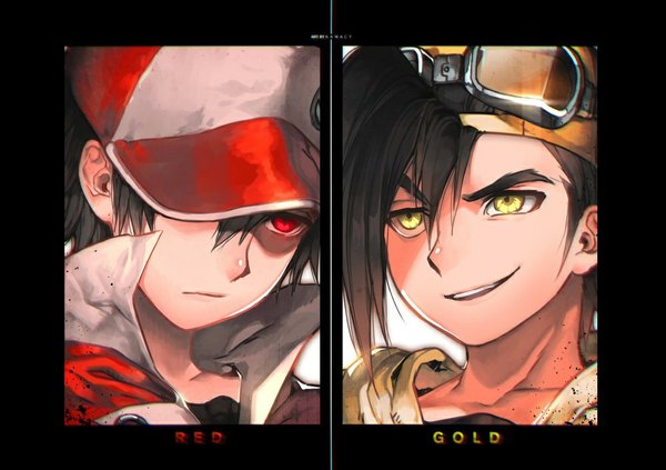 Anime picture 1000x705 with pokemon pokemon heartgold and soulsilver nintendo red (pokemon) gold (pokemon) kawacy fringe short hair black hair smile red eyes yellow eyes inscription multiple boys character names close-up multiview boy 2 boys goggles
