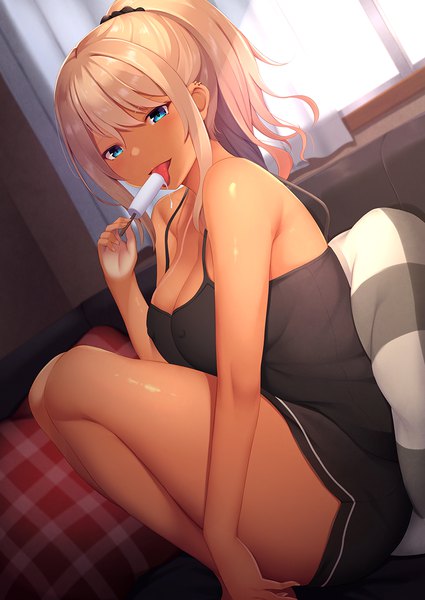 Anime picture 850x1200 with original momo no kanzume single long hair tall image looking at viewer fringe breasts blue eyes light erotic blonde hair large breasts sitting holding payot bent knee (knees) ponytail indoors blunt bangs no bra