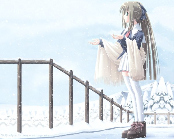 Anime picture 1280x1024 with north wind yanagi yukika torishimo high-ox haioku dans single long hair brown hair green eyes full body ponytail profile wallpaper snowing winter snow mountain outstretched hand third-party edit