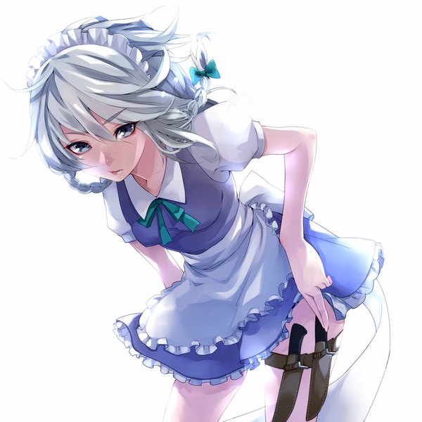 Anime picture 1000x1000 with touhou izayoi sakuya settyaro single short hair simple background white background silver hair braid (braids) maid grey eyes twin braids girl headdress maid headdress knife