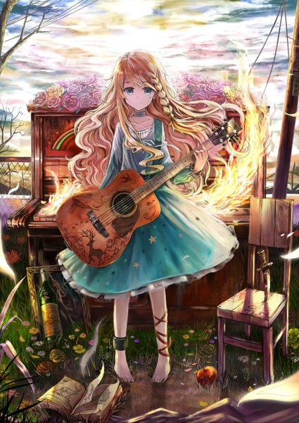Anime picture 1086x1534 with original akabane (zebrasmise) single long hair tall image blue eyes blonde hair smile sky cloud (clouds) barefoot single braid girl dress flower (flowers) plant (plants) tree (trees) rose (roses) book (books) chair