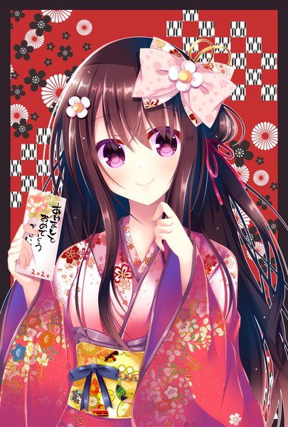 Anime picture 800x1184 with original mizuse sakua single long hair tall image blush fringe smile hair between eyes brown hair purple eyes upper body traditional clothes japanese clothes floral print new year happy new year 2020 akeome kikumon