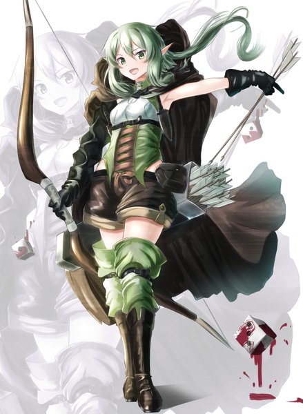 Anime picture 659x900 with goblin slayer! high elf archer (goblin slayer!) tagame (tagamecat) single long hair tall image looking at viewer blush fringe breasts open mouth simple background smile hair between eyes standing white background holding green eyes payot full body