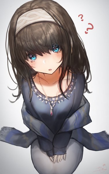 Anime picture 880x1400 with idolmaster idolmaster cinderella girls sagisawa fumika mia (miaflocon) single long hair tall image looking at viewer blush fringe blue eyes black hair simple background hair between eyes sitting signed blunt bangs parted lips head tilt from above
