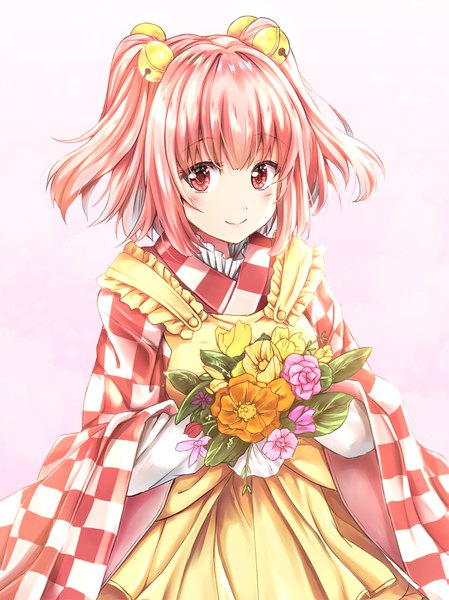 Anime picture 1123x1500 with touhou motoori kosuzu fule single tall image looking at viewer short hair simple background smile red eyes pink hair traditional clothes japanese clothes two side up pink background checkered hair bell girl flower (flowers) kimono