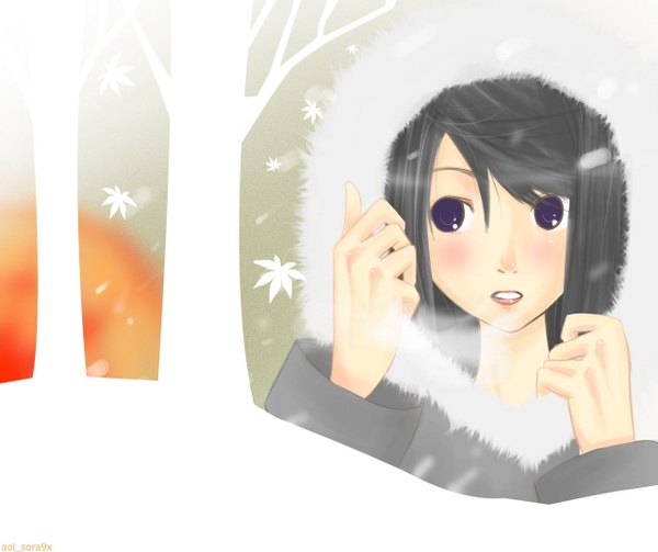 Anime picture 1280x1074 with original tagme (artist) blush fringe short hair open mouth black hair purple eyes evening snowing sunset winter landscape girl hair ornament hood leaf (leaves) sun hairpin (hairpins)