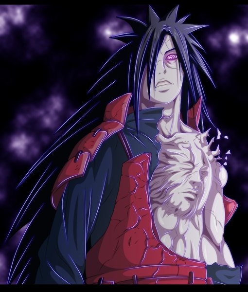Anime picture 850x1000 with naruto studio pierrot naruto (series) uchiha madara hollowcn single long hair tall image fringe black hair sky cloud (clouds) traditional clothes japanese clothes pink eyes hair over one eye coloring torn clothes magic letterboxed