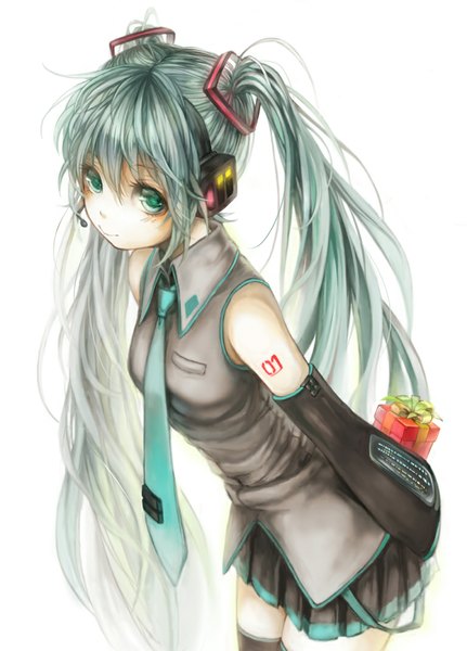 Anime picture 768x1068 with vocaloid hatsune miku ustsugi (me666nm) single long hair tall image looking at viewer blush fringe simple background smile white background twintails green eyes pleated skirt aqua hair tattoo leaning leaning forward girl