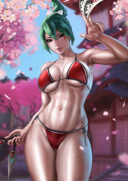 Anime picture 3000x4243 with overwatch blizzard entertainment kiriko (overwatch) dandon fuga single tall image looking at viewer fringe highres short hair breasts light erotic hair between eyes large breasts standing holding brown eyes signed animal ears outdoors
