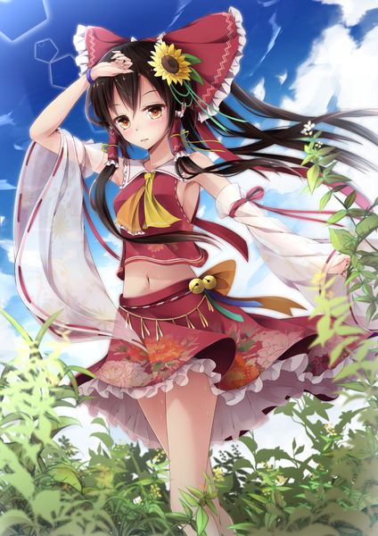 Anime picture 1000x1416 with touhou hakurei reimu toyosaki shu single long hair tall image looking at viewer fringe breasts hair between eyes brown hair standing sky cloud (clouds) outdoors ponytail traditional clothes japanese clothes hair flower wind