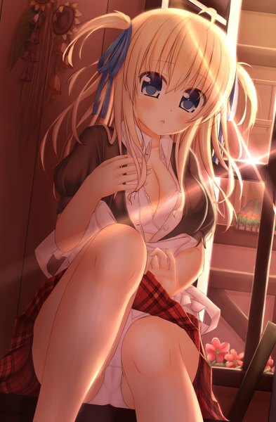 Anime picture 1900x2900 with original wataru (zazazazazazawa) long hair tall image blush highres blue eyes light erotic blonde hair girl skirt underwear panties ribbon (ribbons) hair ribbon miniskirt