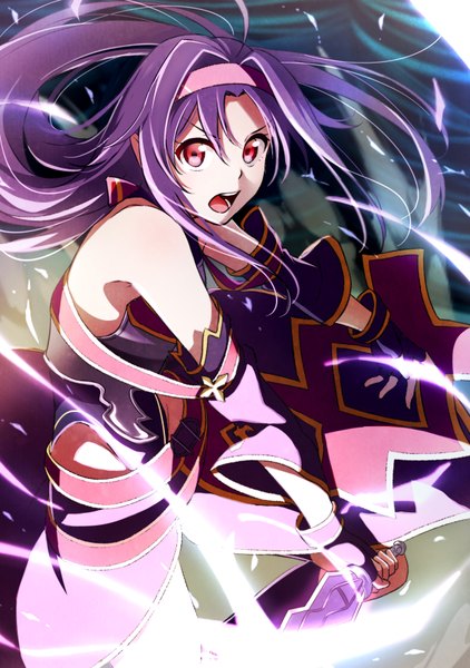 Anime picture 2451x3483 with sword art online a-1 pictures yuuki (sao) keidai single long hair tall image looking at viewer fringe highres open mouth hair between eyes red eyes bare shoulders purple hair fighting stance screaming girl gloves weapon